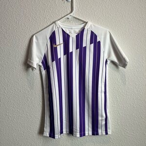 Nike dri-fit girls purple and white striped soccer jersey size L